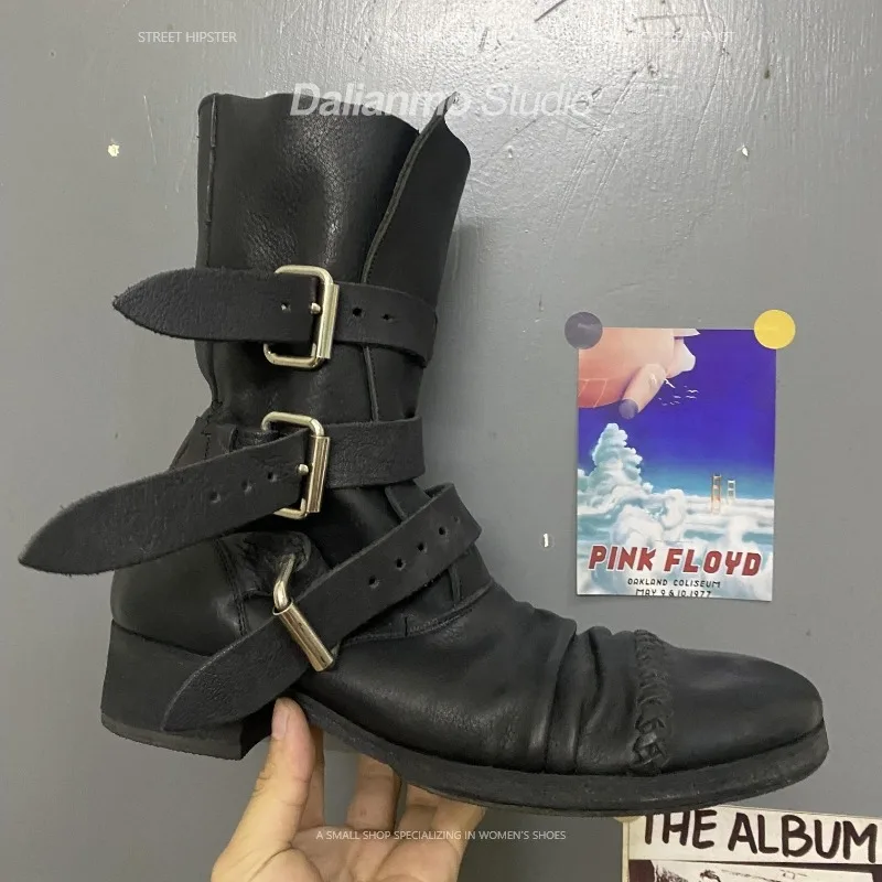Mens Fashion Vintage - รองเท้าบูทหนังแท้สไตล์วินเทจสำหรับผู้ชายและผู้หญิง แบบมีสายรัดหัวเข็มขัด ส้นหนา ทรงคาวบอยตะวันตก แบบย่น