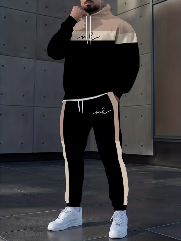 Men'S Fashion Loose Pants - ชุดกีฬาผู้ชายแบบหลวม 2 ชิ้น แฟชั่นสีดำ-คาคี พร้อมเสื้อฮู้ดดี้แบบมีเชือกผูกและกางเกงจ็อกเกอร์แบบมีเชือกผูก ชุดลำลองสำหรับใส่ในชีวิตประจำวัน