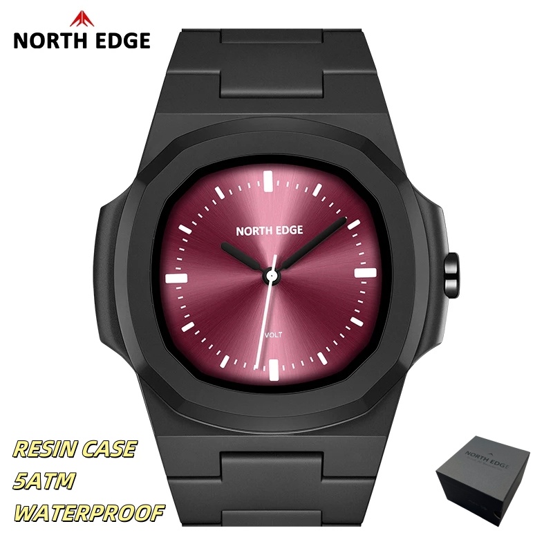 Men'S Fashion Magazine - NORTH EDGE นาฬิกาสําหรับชายใหม่โวลต์ควอตซ์นาฬิกาแฟชั่นเรซิ่นสแควร์ว่ายน้ํา 50M กันน้ํานาฬิกาผู้ชายของขวัญกล่อง