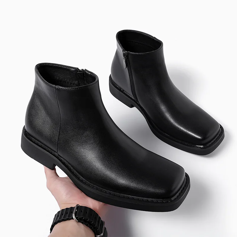 Mens Fashion Dress Shoes - สีดําใหม่แฟชั่นผู้ชายรองเท้าหนังลําลองรองเท้าฤดูใบไม้ร่วงฤดูหนาวรองเท้าข้อเท้า Vintage อังกฤษธุรกิจสแควร์ Toe รองเท้าเชลซี