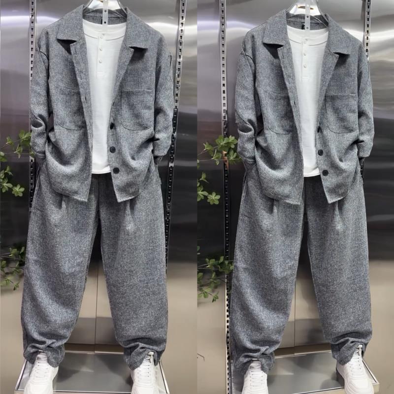 Men'S Fashion Loose Pants - ชุดสูทผู้ชาย เสื้อเชิ้ตปกคอ กางเกงขายาวทรงหลวม 2 ชิ้น แฟชั่นลำลองสำหรับใส่ในชีวิตประจำวัน