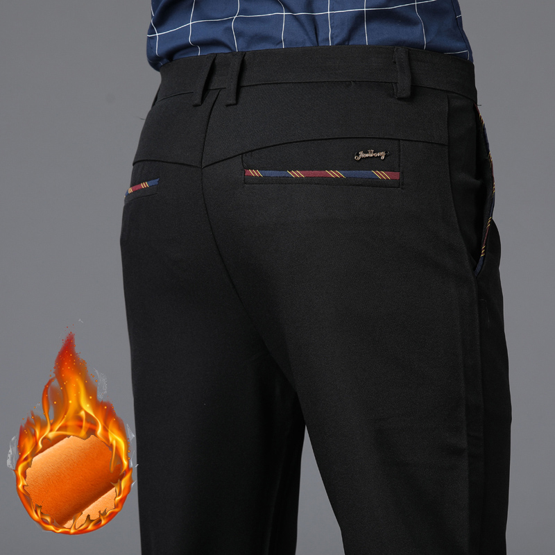 Formal Trouser Stretch - กางเกงวอร์มให้ความอบอุ่นแบบลำลองสำหรับผู้ชายกางเกงกางเกงชุดทำงานผ้าฟลีซหนาสีฟ้าสำหรับฤดูหนาวกางเกงยืดมีแบรนด์