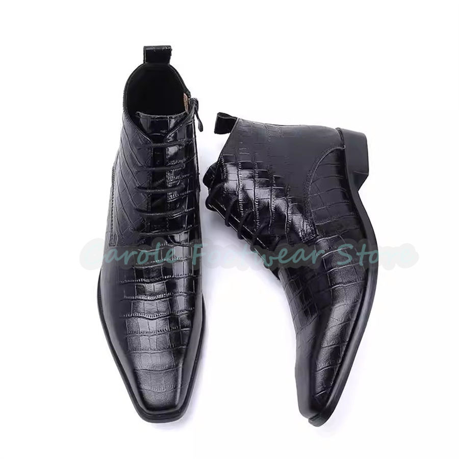 Mens Fashion Dress Shoes - รองเท้าบูทข้อเท้าหนังแท้แฟชั่นสำหรับผู้ชาย หัวแหลม ส้นหนา รองเท้าบูทหุ้มข้อสูงแบบผูกเชือก รองเท้าแต่งงาน รองเท้าธุรกิจ