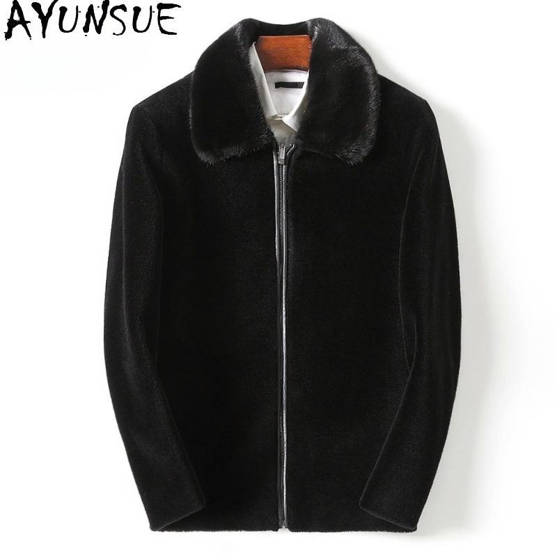 Men'S Fashion Zipper Jacket - AYUNSUE เสื้อโค้ทขนสัตว์ 100% ลำลองสำหรับผู้ชาย 2025 ฤดูใบไม้ร่วงฤดูหนาวแฟชั่นสั้นขนแกะตัดขนแจ็คเก็ตคอปกขนสัตว์มิงค์สีดำเสื้อขนสัตว์