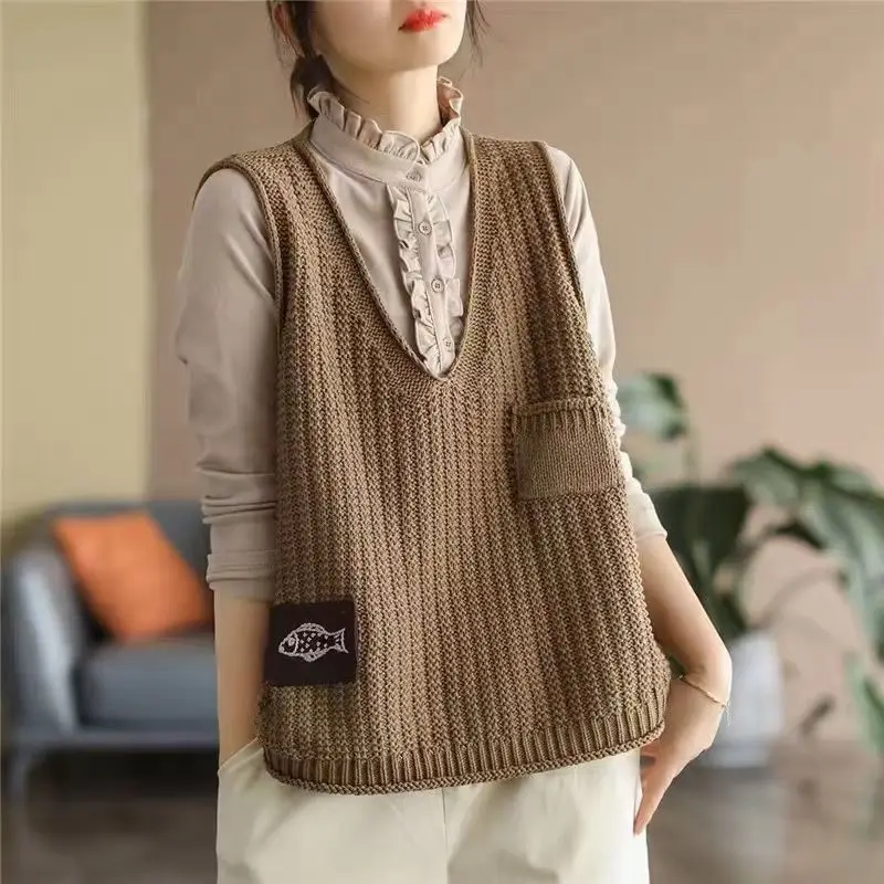 Formal Waistcoat Vest - เสื้อสเวตเตอร์แฟชั่นผู้หญิงแบบลำลองและเป็นทางการ ทรงครอป แบบสวม ไม่มีแขน ถักนิตติ้ง เสื้อกั๊กสั้น