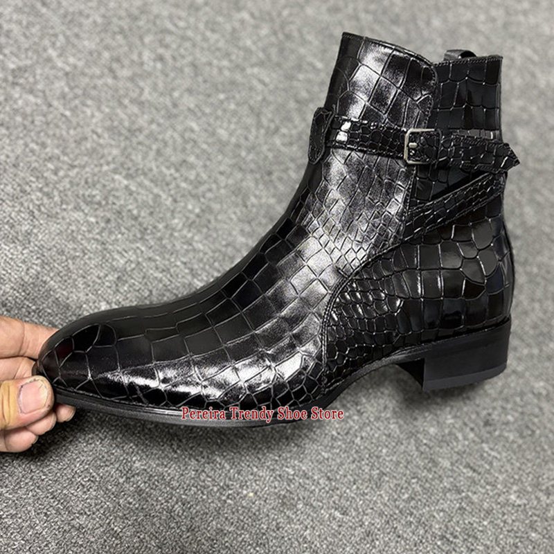 Mens Fashion Dress Shoes - รองเท้าบูทเชลซีแบบมีสายรัดสำหรับผู้ชาย ดีไซน์เนอร์แฟชั่น ลายหนังงู หนังปั๊มนูน รองเท้าบูทสั้น ใส่สบาย