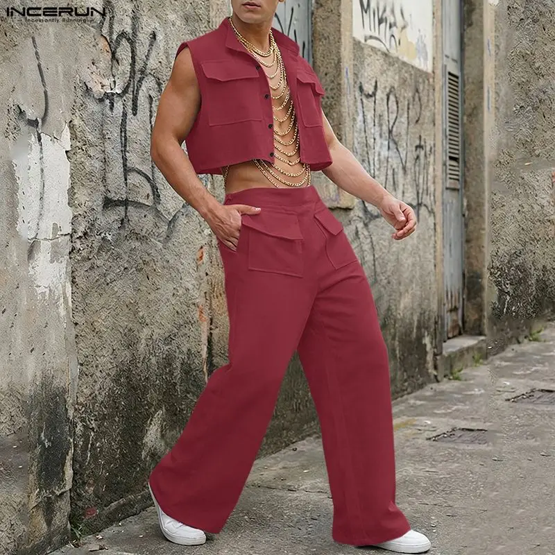 Men'S Fashion Loose Pants - INCERUN ชุดเซ็ตผู้ชาย เสื้อครอปแขนกุดสีพื้น กางเกงขายาว ชุด 2