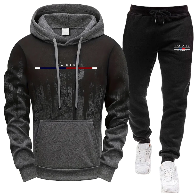 Paris Fashion Men - ชุดผู้ชาย/เสื้อฮู้ด/กางเกง ชุดสเวตเชิ้ตมีฮู้ดและกางเกงสเวตแพนท์สำหรับฤดูใบไม้ร่วงและฤดูหนาว ชุดกีฬาสำหรับกิจกรรมกลางแจ้ง แฟชั่นลำลองสไตล์ปารีส ชุดกีฬา