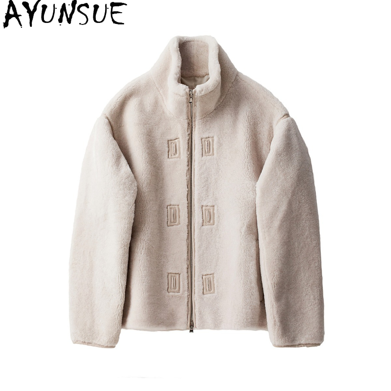 Men'S Fashion Zipper Jacket - AYUNSUEธรรมชาติMerinoแกะShearlingแจ็คเก็ตผู้ชาย2025ฤดูใบไม้ร่วงฤดูหนาวแฟชั่นขนสัตว์จริงเสื้อแจ็คเก็ตรถจักรยานยนต์สั้นStand Collar