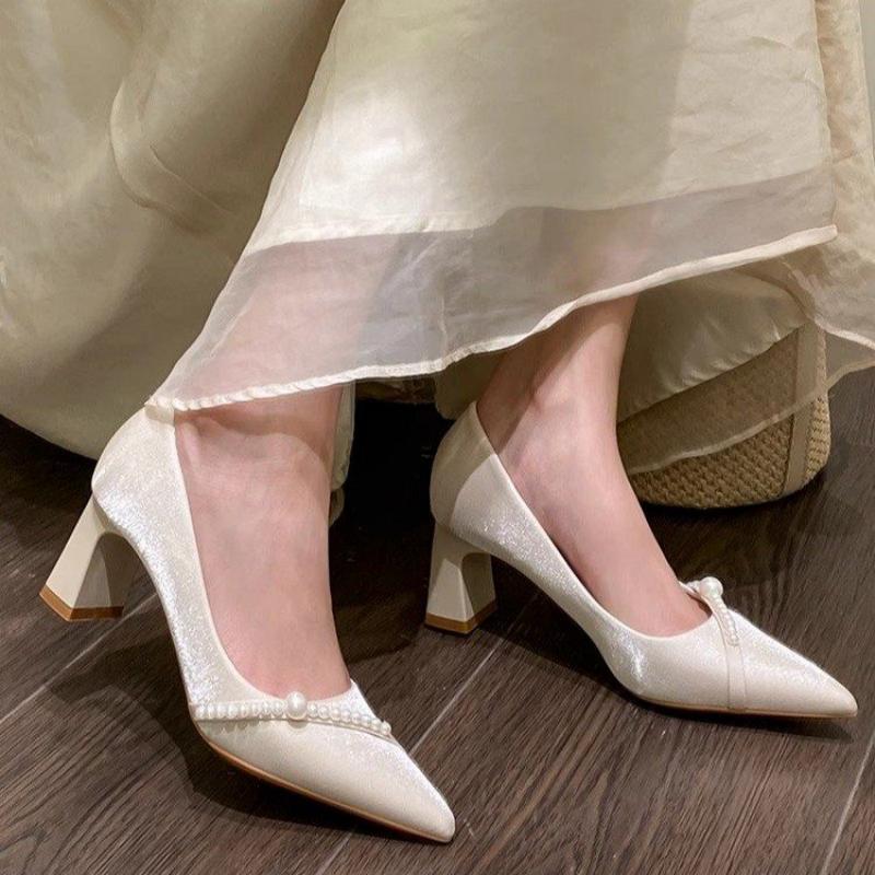 Mens Fashion Dress Shoes - รองเท้าส้นตึกหัวแหลมประดับมุกสุดหรู สไตล์เรียบง่าย ใส่สบาย เหมาะสำหรับใส่ทำงานสำหรับผู้หญิง