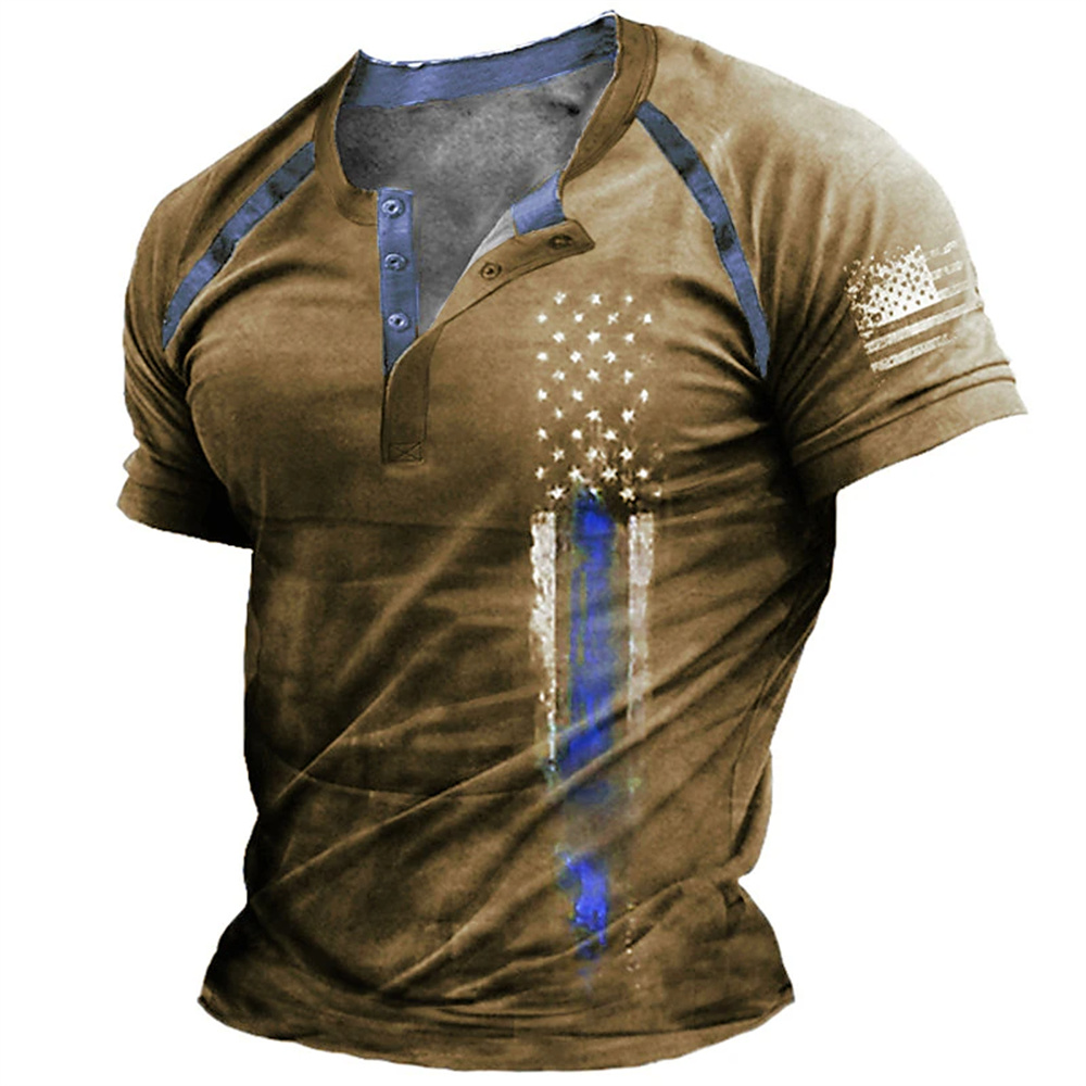 Mens Fashion Vintage - เสื้อเชิ้ตเฮนรี่พิมพ์ลายธงชาติอเมริกัน 3 มิติ สไตล์ตลกๆ สำหรับผู้ชาย แฟชั่นคอเฮนรี่