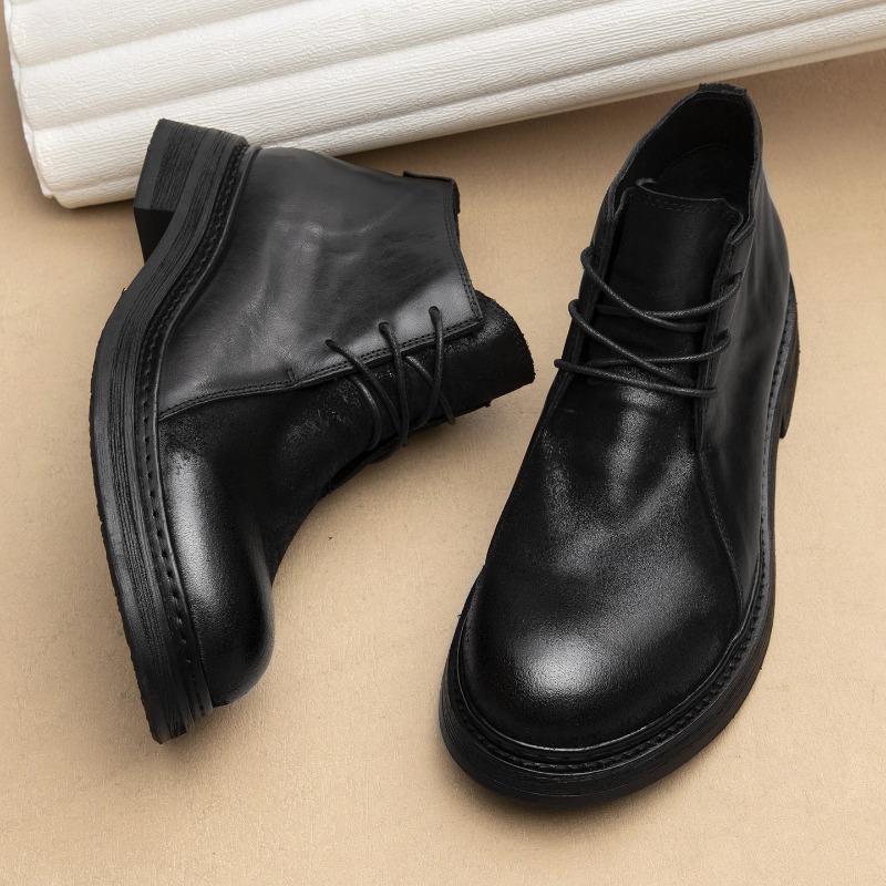 Mens Fashion Vintage - รองเท้าบูทหนังแท้สไตล์วินเทจสำหรับผู้ชาย งานแฮนด์เมดสุดหรู แฟชั่นฤดูใบไม้ผลิ/ฤดูใบไม้ร่วง 2026 หัวกลม สไตล์อังกฤษ