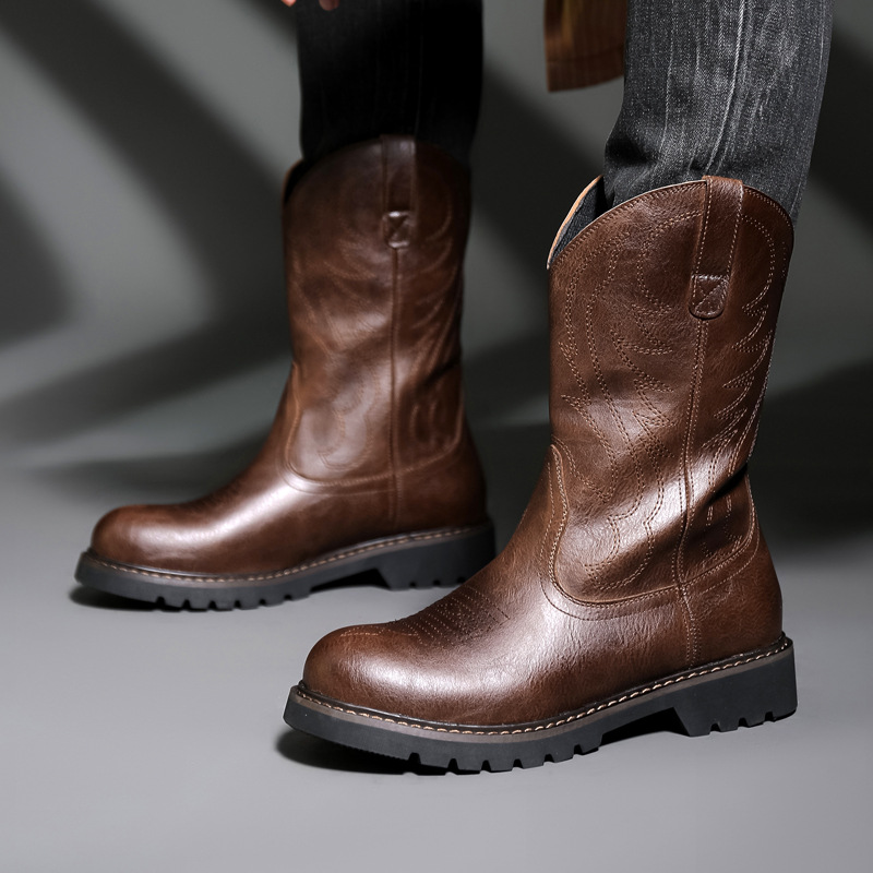 Mens Fashion Vintage - รองเท้าบูทคาวบอยผู้ชายแฟชั่น รองเท้าบูทอัศวินปักลายวินเทจ รองเท้าบูทหิมะผู้ชายสำหรับฤดูหนาว รองเท้าบูทมอเตอร์ไซค์ รองเท้าผู้ชาย รองเท้าผู้หญิง