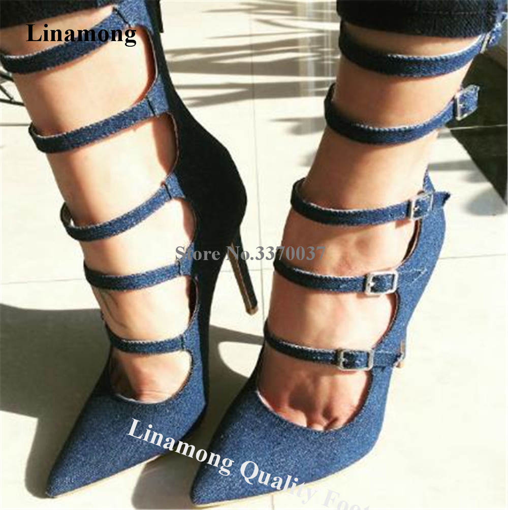 Mens Fashion Dress Shoes - รองเท้าส้นเข็มทรงปั๊มสปริงรุ่นใหม่ล่าสุดจาก Linamong ดีไซน์เซ็กซี่ หัวแหลม สีน้ำเงินเดนิม สีนู้ด