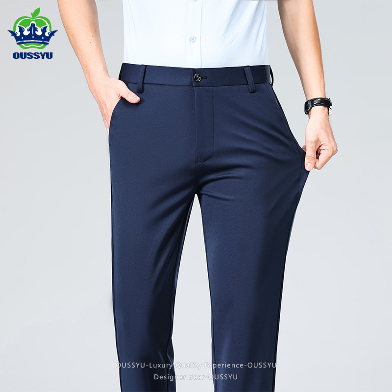 Formal Trouser Stretch - กางเกงสแล็คผู้ชายผ้าบางยืดได้ทรงสลิมตรงสำหรับทำงานออฟฟิศ สีดำขายาวทรงทางการ ไซส์ใหญ่พิเศษ 40 สีดำ สีเทา