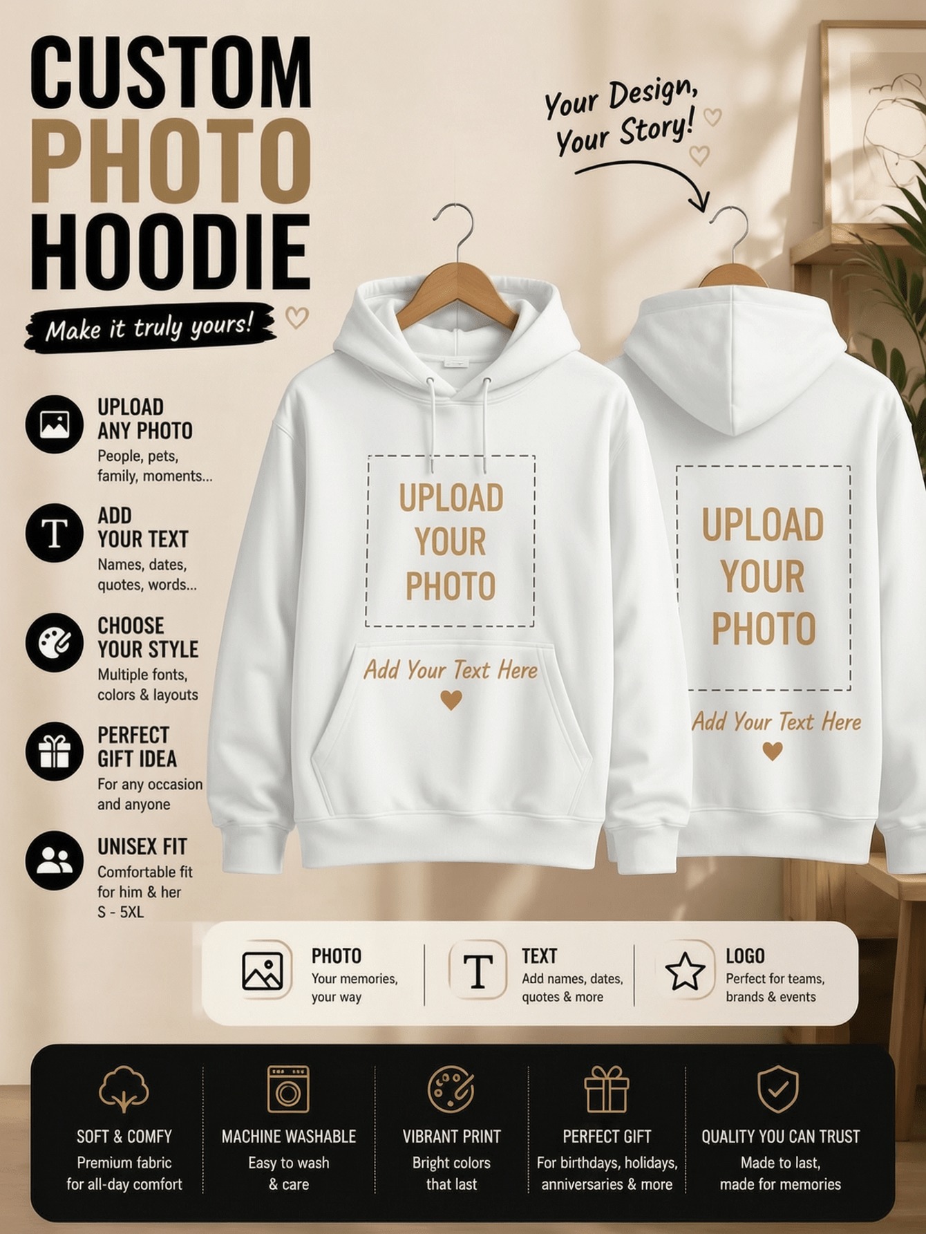 Graphic Tee Oversized - เสื้อฮู้ดผู้หญิงแบบสปอร์ตทรงโอเวอร์ไซส์สำหรับฤดูหนาว กระเป๋าเสื้อขนาดใหญ่ สามารถสกรีนโลโก้/ลายกราฟิกได้ตามต้องการ เสื้อพูลโอเวอร์ลำลองผ้าฟลีซ เสื้อผ้าผู้หญิง