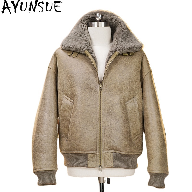 Men'S Fashion Zipper Jacket - เสื้อโค้ทขนสัตว์แท้คุณภาพสูง AYUNSUE สำหรับผู้ชาย เสื้อแจ็คเก็ตหนังแกะแท้ อุ่นสบายสำหรับฤดูหนาว แฟชั่นผู้ชายปี