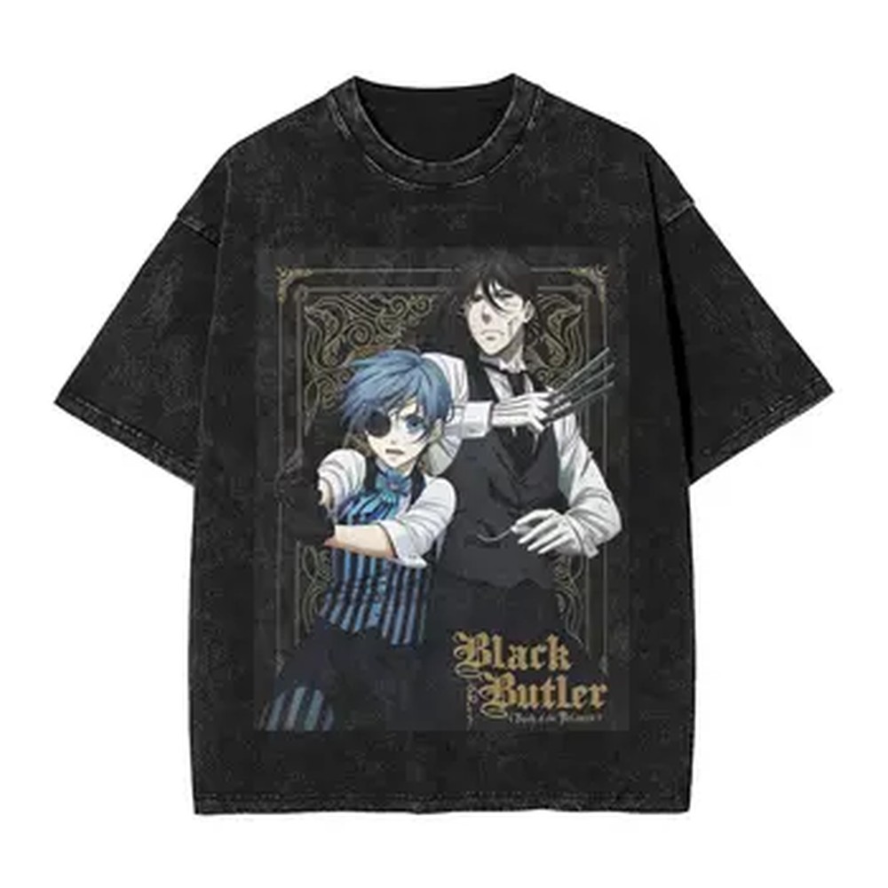 Graphic Tee Oversized - เสื้อยืดลายการ์ตูน Black Butler สำหรับผู้ชายและผู้หญิง เสื้อผ้าฤดูร้อน ผ้าฝ้ายเนื้อนุ่ม