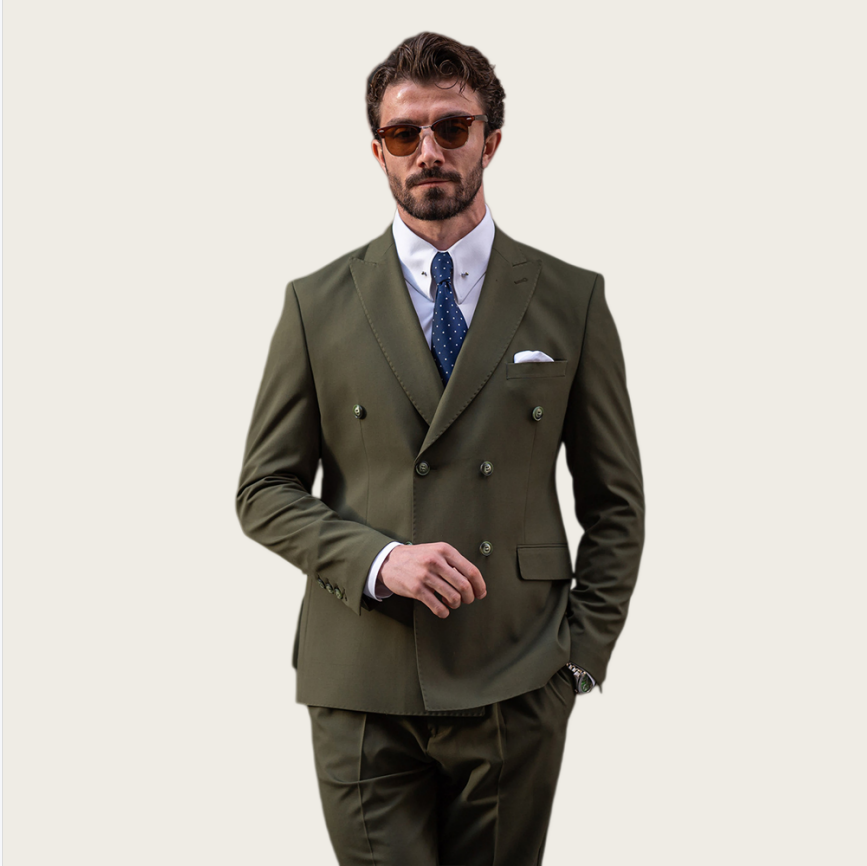 Slim Fit Blazer Men - ชุดสูทผู้ชายสีเขียวมะกอก แบบกระดุมสองแถว ปกแหลม ทรงวินเทจ สำหรับเจ้าบ่าว ชุดแต่งงานผู้ชาย