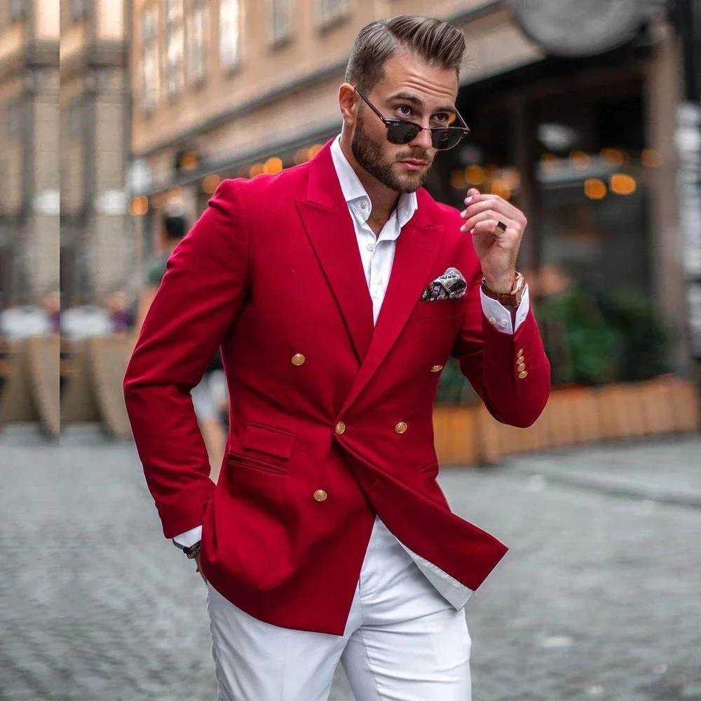 Slim Fit Blazer Men - ชุดสูทผู้ชายแฟชั่นสีแดง แจ็คเก็ตสีแดง กางเกงสีขาว ทรงเข้ารูป สไตล์ลำลอง กระดุมสองแถว