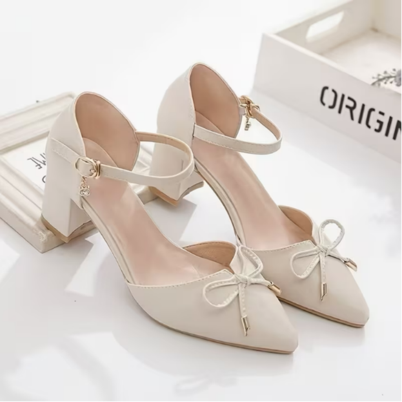 Mens Fashion Dress Shoes - รองเท้าส้นสูงแบบสวมสำหรับผู้หญิง หัวแหลม ประดับโบว์ ส้นหนา เหมาะสำหรับใส่ทำงาน ปาร์ตี้