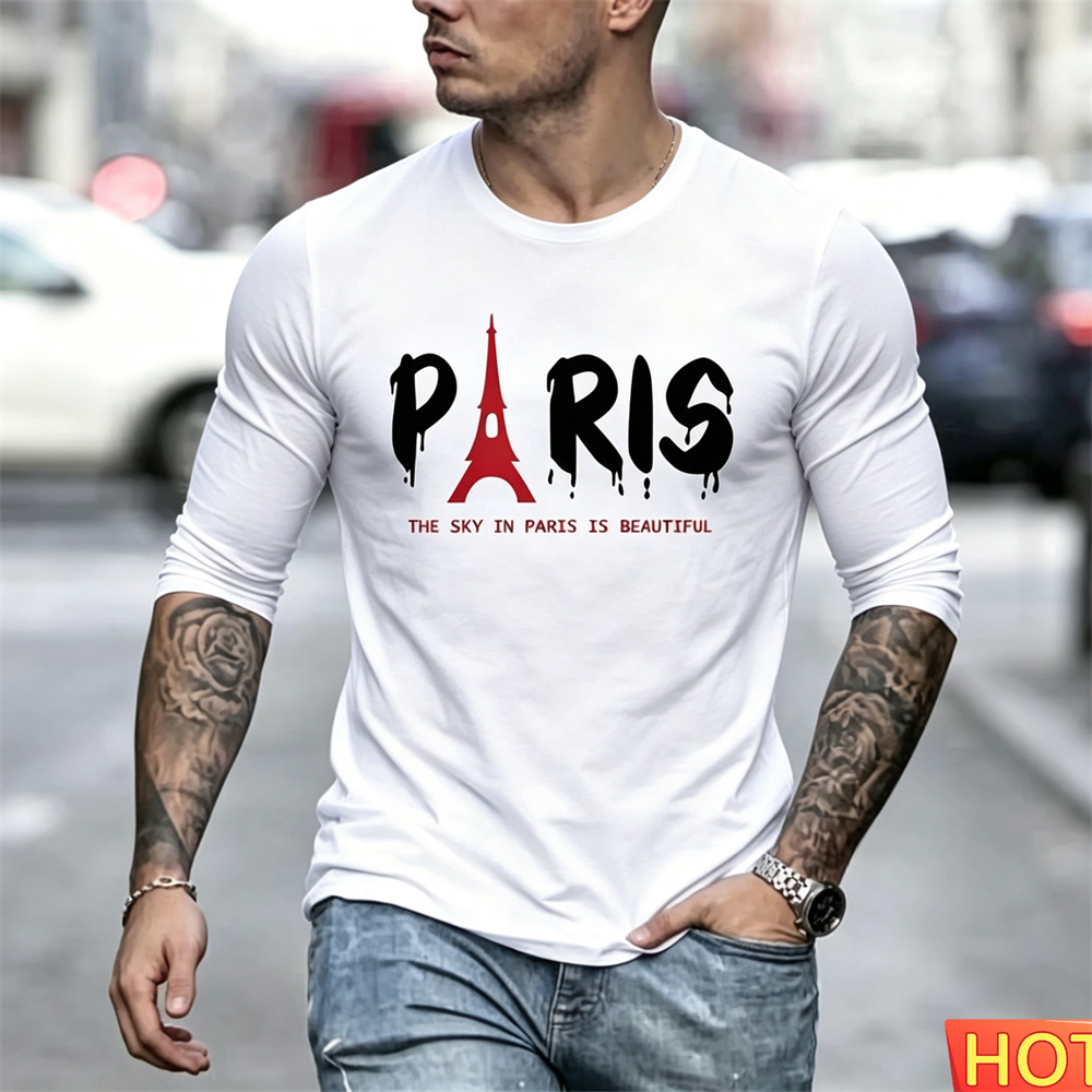 Paris Fashion Men - เสื้อยืดแขนยาวผู้ชายสไตล์ฤดูใบไม้ร่วง ผ้าฝ้าย เสื้อยืดผู้ชายสไตล์ปารีส y2k เสื้อผู้ชายสำหรับงานปาร์ตี้ที่บ้าน เสื้อผ้าแฟชั่นผู้ชาย