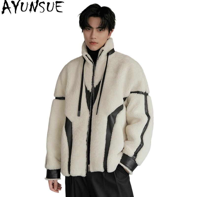 Men'S Fashion Zipper Jacket - AYUNSUE หรูหราขนสัตว์ธรรมชาติ Man แฟชั่นสั้นแกะแท้ Shearling แจ็คเก็ต