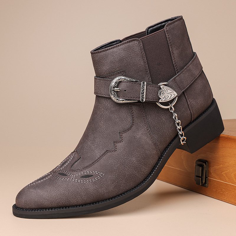 Mens Fashion Vintage - รองเท้าบูทคาวบอยวินเทจสำหรับผู้ชาย แบรนด์ใหม่สไตล์เรโทร หนังแท้ หุ้มข้อสูง พร้อมสายรัดโซ่และหัวเข็มขัด สไตล์พังก์