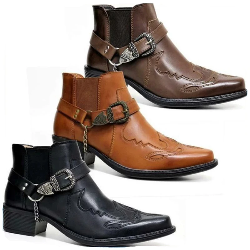 Mens Fashion Vintage - รองเท้าบูทคาวบอยวินเทจหนังแท้ทรงสูงประดับโซ่และหัวเข็มขัดสไตล์พังก์สำหรับผู้ชาย แฟชั่นปี 2026 รองเท้าบูทข้อเท้าทรงแหลมสำหรับนักขี่มอเตอร์ไซค์