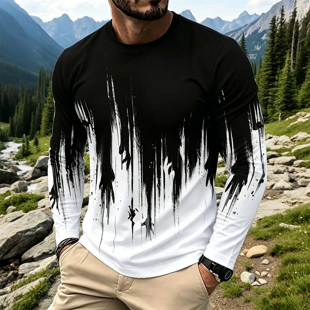 Mens Fashion Vintage - เสื้อยืดแขนยาวผู้ชายลายไล่เฉดสีสไตล์สตรีทแวร์ คอกลม แฟชั่นใหม่ ระบายอากาศได้ดี เสื้อพิมพ์ลายสำหรับใส่เป็นเสื้อตัวใน