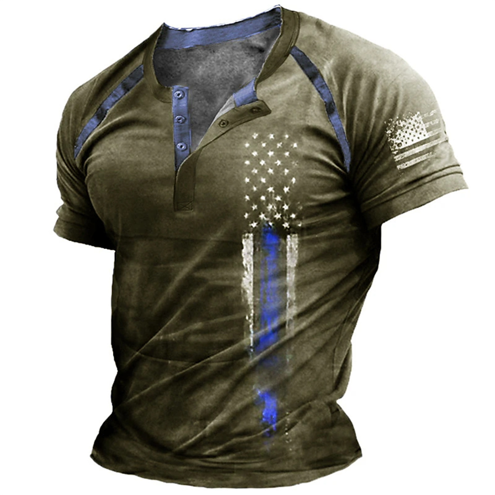 เสื้อเชิ้ตเฮนรี่พิมพ์ลายธงชาติ - Mens Fashion Vintage บทวิจารณ์และราคา